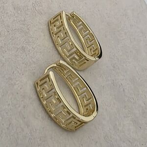 Gold Filled Greek Key Oval Huggie Hoop Earrings